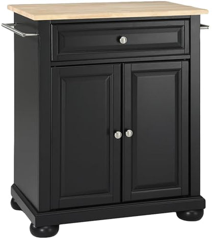 Crosley Furniture Alexandria Wood Top Small Portable Rolling Kitchen Island Storage Cart, Microwave Stand, Black - color: Black, style: Natural Wood Top