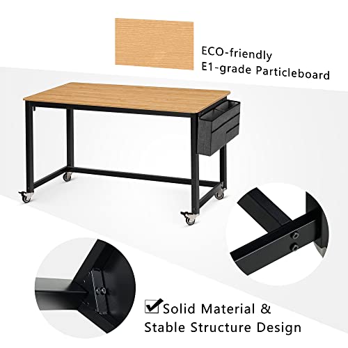 AHB 55" Rolling Computer Desk with 4 Smooth Wheels, Simple Style Mobile Writing Desk Home Office Study Table Movable Workstation with Metal Frame - color: Natural, size: 55"