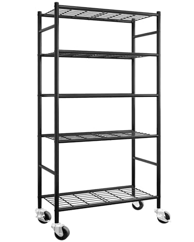 Sakugi Storage Shelves Organizer - 5 Tier Metal Shelf Organizer with Metal Wheels and Adjustable Leveling Feet, Heavy Duty Garage Shelving for Kitchen, Pantry and Closet, 33.1"x12.6"x73.5", Black - color: Black, size: 33.1W x 12.6D x 73.5H(5T)