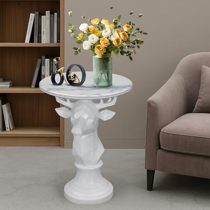 Modern Deer Head Sculpture Side Table, Round Metal End Table with Geometric Animal Base, Industrial Accent Table for Living Room, Bedroom, Office, Dark Bronze Finish - color: Deer - White Geometric