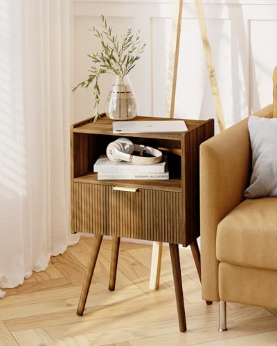 JOONEE Nightstand,Modern Bedside Table with Storage Drawer and Open Wood Shelf, for Living Room, Bedroom and Small Spaces, Accent Night Stand with Solid Wood Legs, Easy Assembly,Walnut Brown - color: Walnut Brown