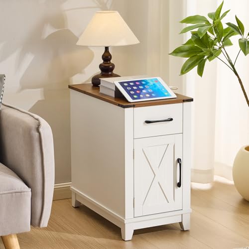 EROMMY Farmhouse End Table with Charging Station, Narrow Side Table for Living Room, Nightstand with Drawer and Storage Cabinet, Adjustable Shelf, White - color: White