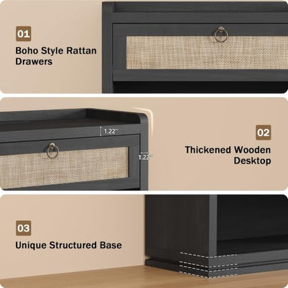 31" Wide Rattan Nightstand with Charging Station, End Side Table | Drawer & Open Shelf, Extra Large Night Stand, Farmhouse, Boho, Wood Bedside Table for Bedroom,Living Room,Office - color: Obsidian