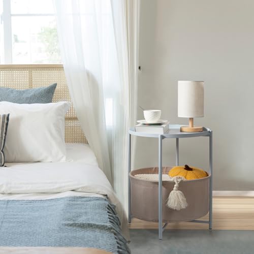 danpinera Small Round Side Table with Storage Basket, Removable Tray Top | Metal End Table for Small Space, Living Room, Bedroom, Nursery, Laundry, Modern Nightstand with Removable Tray, Blue-Gray - color: Blue Gray
