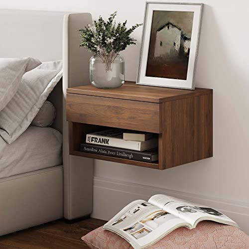 Nathan James Jackson Wall Mounted Floating Bedroom Nightstand with Storage Drawer and Modern Open Shelf Cubby, Dark Brown Walnut - color: Brown Walnut, size: 1