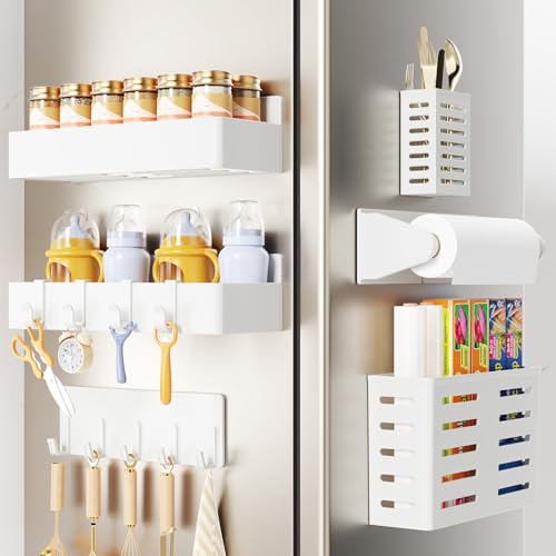 Magnetic Spice Rack for Refrigerator,6 Pack Magnetic Shelf,Fridge Magnet Organizer with Paper Towel Holder,Utensils Racks,Hook Rack,Deepened Basket,Fridge Organizers and Storage White(6 Pack) - color: White, size: 6 Pack