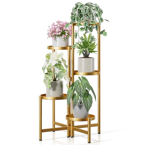 Gold Stand Plants, 5 Tiered Plant Stand Indoor for Multiple Large Planter, Tall Heavy Duty Adjustable Folding Rack with Rustproof 7.9 Inch Wide Tray, Plant Shelf for Corner - GoldDisk - color: GoldDisk, size: 5-tiers