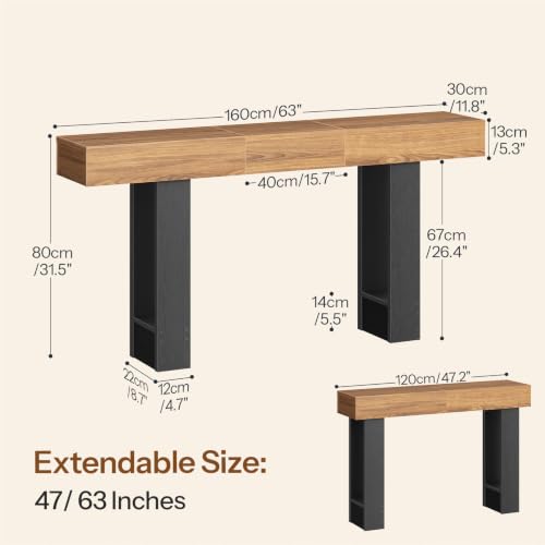 HOOBRO 63 Inch Console Table, Entryway Table with Expandable Tabletop, Long Sofa Table Behind Couch Table for Living Room, Hallway, Foyer, Black and Walnut BH176XG01