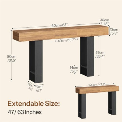 HOOBRO 63 Inch Console Table, Entryway Table with Expandable Tabletop, Long Sofa Table Behind Couch Table for Living Room, Hallway, Foyer, Black and Walnut BH176XG01