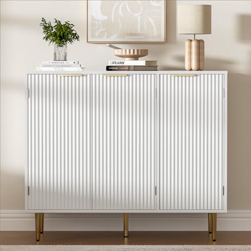 Housoul Fluted Sideboard Buffet Cabinet with 3 Doors, White | Kitchen Storage Cabinet with Adjustable Shelves & Golden Handles, Modern Accent Cabinet, Coffee Bar for Kitchen, Living Room - color: White