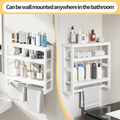 Bathroom Shelves with Hanging Bar Over Toilet Storage - Adjustable Wall Organizer (White) - color: White