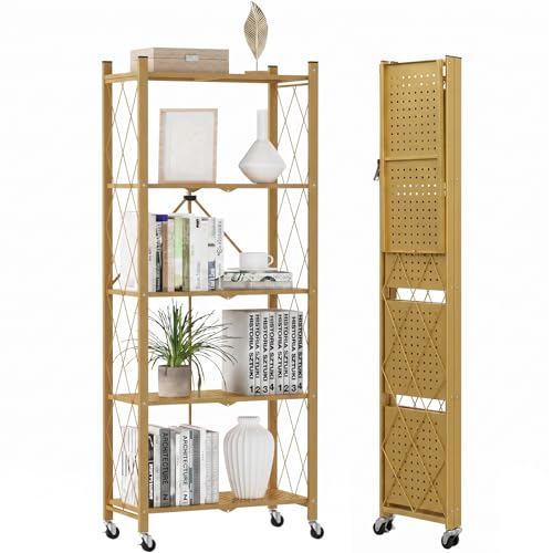 DEANIC 5-Shelf Folding Bookcase with Wheels, Rolling Bookshelf Heavy Duty Storage Shelves, Freestanding Metal Wire Shelving Unit for Living Room, Office, Kitchen, Basement, Pantry (Gold) - color: Gold, size: Compact 5 tier