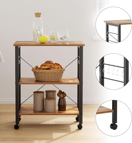 sogesfurniture 3-Tier Kitchen Baker's Rack Utility Shelf Microwave Oven Stand Storage Cart Workstation Shelf 3-Tier Kitchen Utility Cart on Wheels with Storage, Rustic Brown - color: Rustic Brown