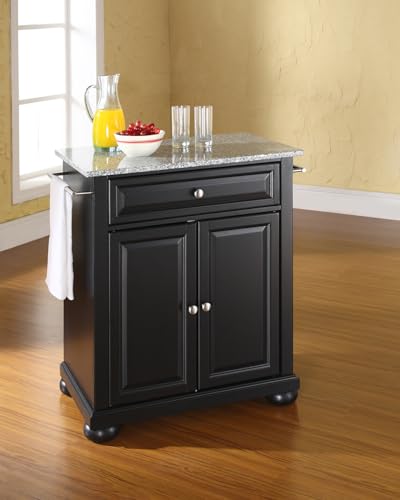 Crosley Furniture Alexandria Granite Top Small Portable Rolling Kitchen Island Storage Cart, Microwave Stand, Black - color: Black, style: Solid Grey Granite Top