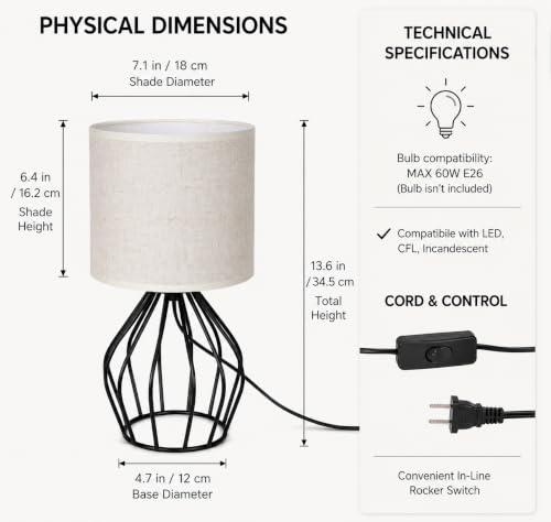 Small Bedside Lamp for Bedroom, Decorative Nightstand Lamp with Black Metal Base and Linen Shade, Cute Table Lamp for Small Spaces, Dorm Room & Apartment