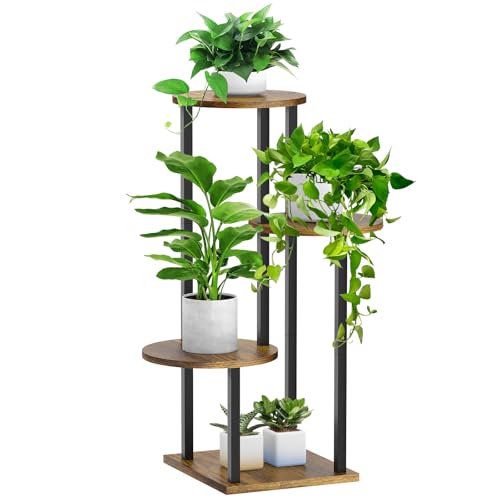 4 Tier Plant Stand Indoor, Metal Wooden Tall Plant Shelf Flower Pot Stand for Multiple Plants, Corner Flower Holder Plant Display Rack for Living Room Balcony Patio Garden (Rustic Brown) - color: Brown-4