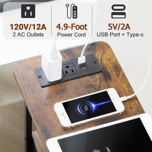LOAKEKEL Narrow End Table with Charging Station, Side Tables Living Room | End Tables Living Room Set of 2, Skinny Nightstand with Fabric Drawers, Slim Sofa Table for Bedroom, Small Spaces, Brown - color: Rustic Brown + Black, style: Power