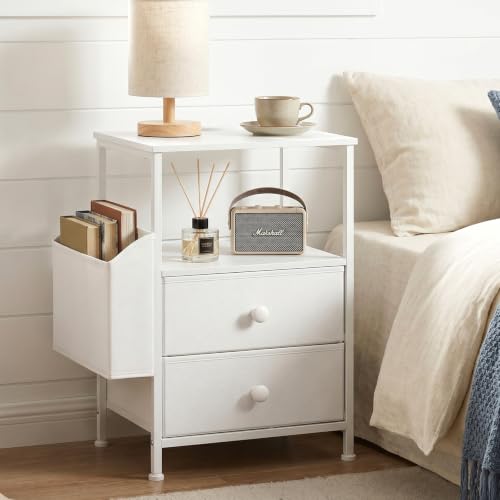 MALOL Night Stand with Charging Station & Led Light Strip, Bedside Table with Open Shelf & 2 Fabric Drawers and Reversible Side Storage Pocket, Modern End Table Bedroom,Living Room,White - color: White, size: Set of 1