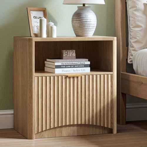 Evermagin Fluted Nightstand, Natural Oak Bedside Table with Drawer and Storage, Wood End Table Mid Century Modern, Large Night Stand for Bedroom - color: Natural Oak, size: 1 Drawer (Without Charging Station)