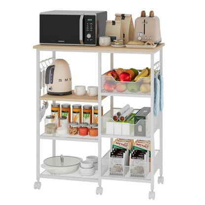 SWTYMIKI Kitchen Island Cart on Wheels - 28.35x14.57in Rolling Kitchen Table Cart with Storage Shelves, 6 Removable Hooks& Locking Casters, Coffee Bar Cabinet for Dining Room Pantry Office, White - size: 28x14.57in, style: White