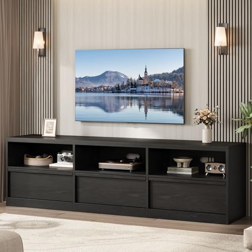 Modern TV Stand with Storage for TVs Up to 85", 70 inch Media Console with Drawer & Open Shelves, Mid Century Entertainment Center for Living Room, Black - color: Black