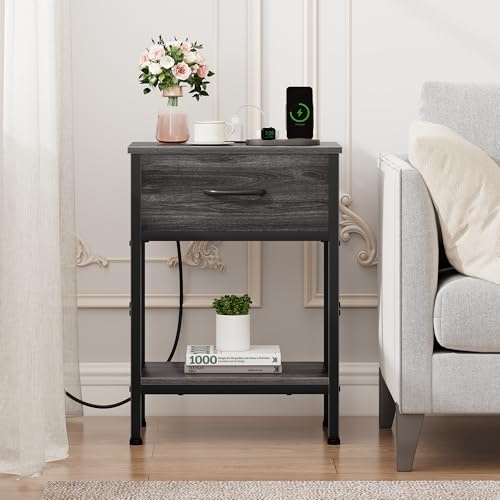 Vagusicc Nightstand with Charging Station, End Table with Fabric Drawer, Small Side Table with 2-Tier Storage Shelves, 25.4" Tall Night Stand, Bedside Table for Bedroom, Living Room, Dorm, Black Oak - color: Black Oak (1 Pack)