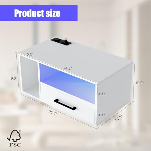 Homaterial Floating Nightstand with Charging Station and LED Lights, Floating Bedside Table with Drawers Wall Mounted Nightstands,for Bedroom Room, 21.3" x 11.8" x 10",White - color: White