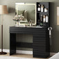 Makeup Vanity Desk with Lights, Fluted Vanity with 4 Drawers, Open Shelves, Power Outlet, LED Lighted Mirror, 3 Lighting Modes & Brightness Adjustable, Wood Dressing Table for Bedroom,Black - color: Black