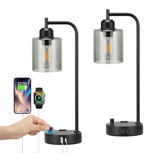 Industrial Desk Lamps for Office Set of 2 - Fully Dimmable Bedside Lamps with USB A C Ports and Outlet, Black Nightstand Lamps with Grey Glass Shade for Living Room, Table Lamps for Bedrooms Reading - color: Gray
