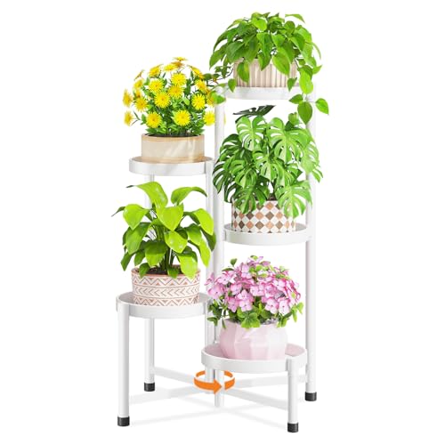 LASZOLA 5 Tiered Folding Tall Plant Stand Indoor for Multiple Large Planter, Heavy Duty Metal Adjustable Flower Rack for Narrow Corner, Sturdy Vertical Spiral Shelving Holder for Modern House, White - size: 5 Tier, White
