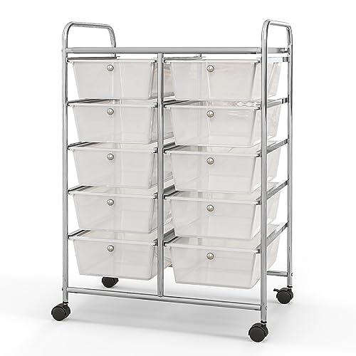 10-Drawer Rolling Cart with Drawers, Storage Cart with Universal Wheel & Metal Frame, Multipurpose Mobile Trolley Utility Cart for Makeup Kitchen Office Play Room (Clear) - color: Clear