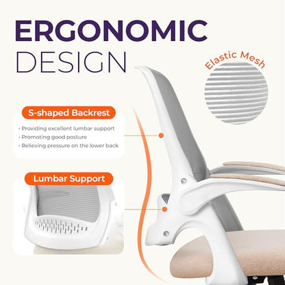 NEO CHAIR Office Desk Gaming Ergonomic Computer Chair with Lumbar Back Support Adjustable Height Swivel Rolling Wheels Flip-up Arms Mesh Chair for Home Vanity (Beige) - color: Beige