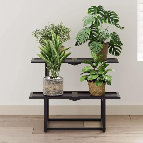 Plant Stand Indoor Outdoor, Foldable Metal Plant Shelf for Multiple Pots, Vintage Slatted Design, Suitable for a Variety of Houseplants and Gardens, Heavy Duty Capacity 330 lbs 2 Tier Black - color: 2 tier black