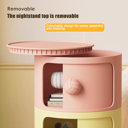 3 Tier Round Nightstand with Drawers, Plastic Pink Nightstand Modern Round Bedside Table with Handles and Sliding Door for Bedroom, Living Room - color: Pink