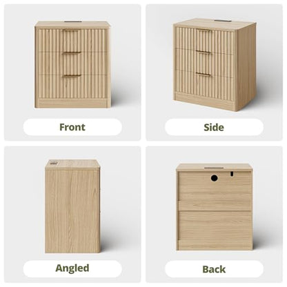 IRONCK Fluted Night Stand Set of 2, 22" Modern Nightstand with Charging Station & 3 Drawers, Bedside Table for Bedroom, Natural Oak