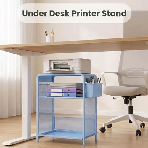 ECOLOVI 3 Tier Printer Stand for Under Desk, Height Adjustable Shelf Small Printer Table with 3 S-Hooks & Basket, Heavy Duty Industrial Storage Shelf for Home Office (Blue Metal) - color: Blue