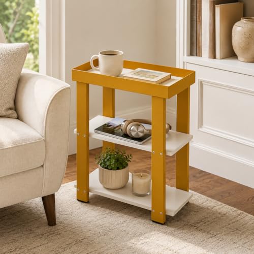 Modern 3-Tier Gold Side Table, Narrow End Table with White Tray Top Shelves, Slim Nightstand Bedside Table for Small Spaces, Living Room, Bedroom, Bathroom Storage Organizer Stand (White+Gold) - color: White + Gold