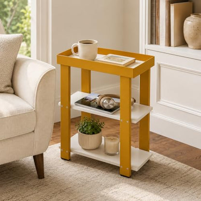 Modern 3-Tier Gold Side Table, Narrow End Table with White Tray Top Shelves, Slim Nightstand Bedside Table for Small Spaces, Living Room, Bedroom, Bathroom Storage Organizer Stand (White+Gold) - color: White + Gold
