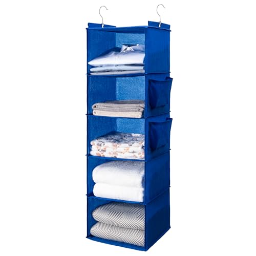 BOOMIBOO Hanging Closet Organize and Shelves，5-Hanging Shelf with 2 Side Pockets，Storage Foldable （Blue） - color: Blue, size: 1