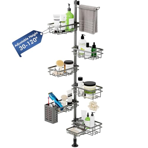 Corner Shower Caddy Tension Pole,Bathroom Shelf for Inside Shower Organizer | Adjustable 30-120’’ Storage, 6-Tier Shower Shelves, Rustproof Shower Rack with Towel Bar, Soap Dish & Toothbrush Holder - color: Gray