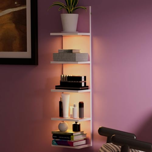 5 Tier Wall Shelf Unit,Modern Vertical Lack Wall Shelves with Light, Wall Mount, Floating Column Home Decor Shelves for Bedroom, Living Room, Vanity Storage Display(Pink) - color: Pink