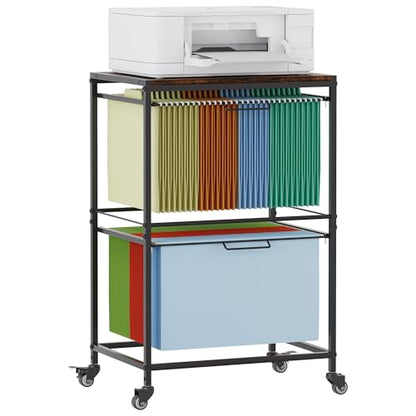 EasyPAG Rolling Hanging File Folder Cart, 2 Tier Metal Pull-Out File Rack for Letter and Legal Size Folders, Portable Filing Cart for Office Home, Black