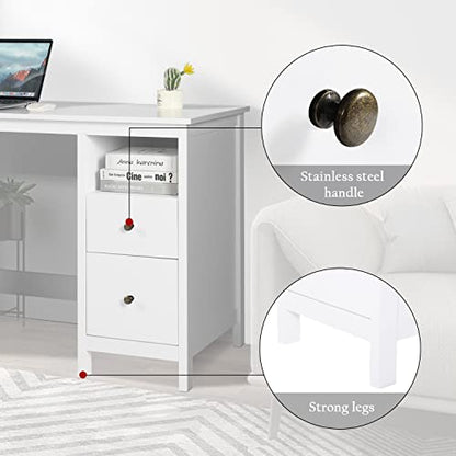 Vikiullf White Desk with Drawers, 47” Modern Home Office Study Computer Writing Desk with Storage Cabinet & Open Shelf, Simple Vanity Table for Bedroom