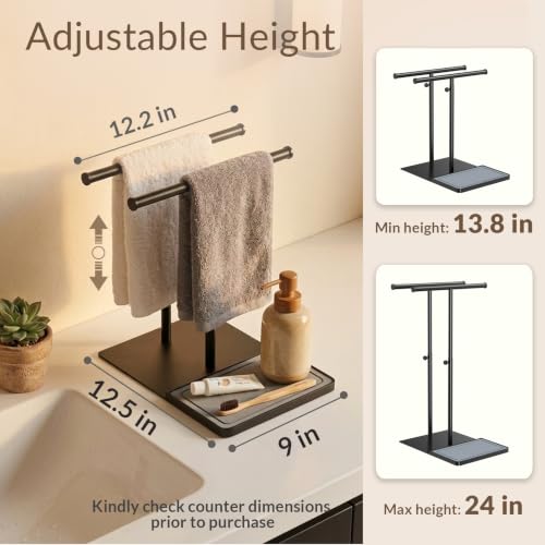 NADAMOO Standing Towel Rack for Bathroom, Adjustable Hand Towel Holder | 13.8"-24" Height, Diatomite Tray, Wide Weighted Base, 2 Bars with 4" Gap for Airflow, Rustproof Black Metal, No Drill