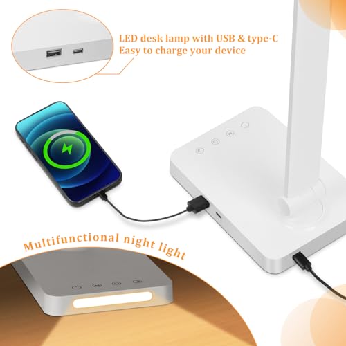 Dott Arts LED Desk Lamp with USB Ports, Touch Control, 5 Color Modes, 3 Brightness Levels, Foldable Design, White - color: White