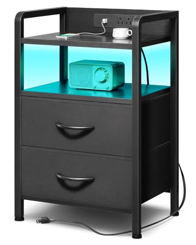 Lazzanto Night Stand Bedside Charger Bedroom - Nightstand with Charging Station & LED Light Strip, Night Stand with Storage Shelf & 2 Fabric Drawers, Morden End Table with U-S-B Ports & AC Outlets - color: Black, size: 2 Drawers
