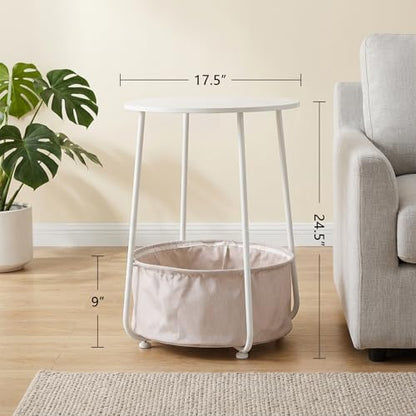 Modern Round Side End Table with Fabric Storage Basket, Matte White and Camel Brown, Contemporary Nightstand (White) - color: White