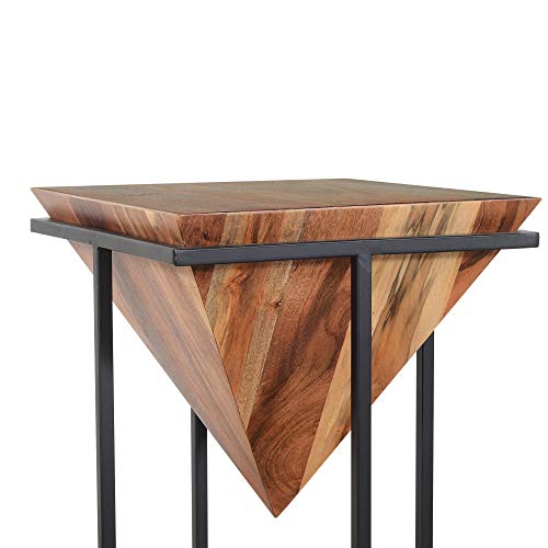 The Urban Port 30 Inch Pyramid Shape Wooden Side Table | Brown Finish, Cross Black Metal Base, Modern Accent End Table, For Living Room, Bedroom, Entryway, Lounge, Home Decor Display - size: 30-Inch