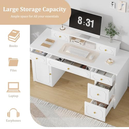 Catrimown White Desk with 7 Drawers, 54 Inch Computer Desk with Cabinet for Work Writing Study, Vanity Desk with Golden Handle for Girls, Bedroom - color: White