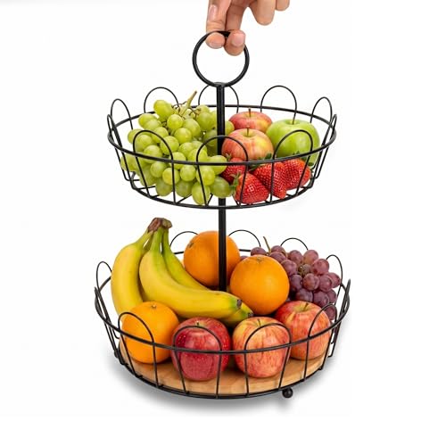 HANZE 2-Tier Farmhouse Fruit Basket Stand, Wire Fruit Vegetables Countertop Storage Rack, Multifunctional Detachable Bread Snack Holder Bowl for Kitchen and Bathroom Organization - Black - color: 2-Tier(Black)